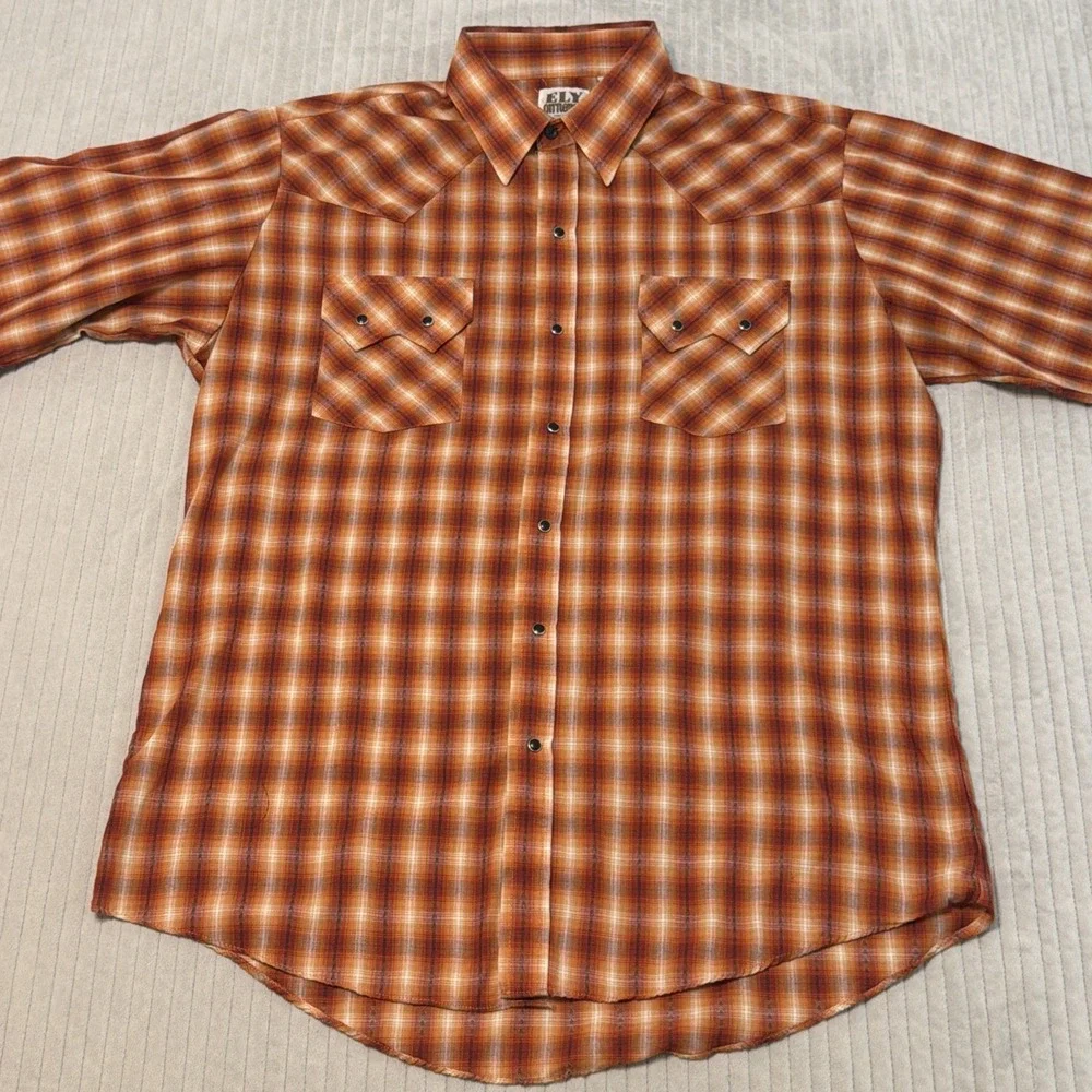 Ely Cattleman Pearl Snap Western Shirt Mens L Orange Blue Plaid Long Sleeve